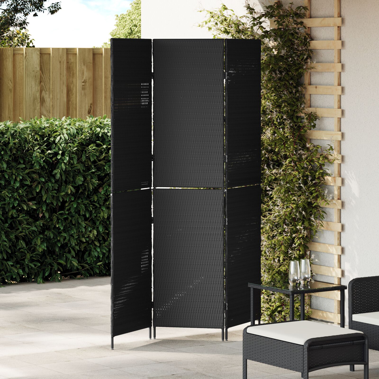 Raumteiler 3-Panel Faltbar Schwarz 146x180 cm Poly Rattan Raumteiler 3-Panel Faltbar Schwarz 146x180 cm Poly Rattan