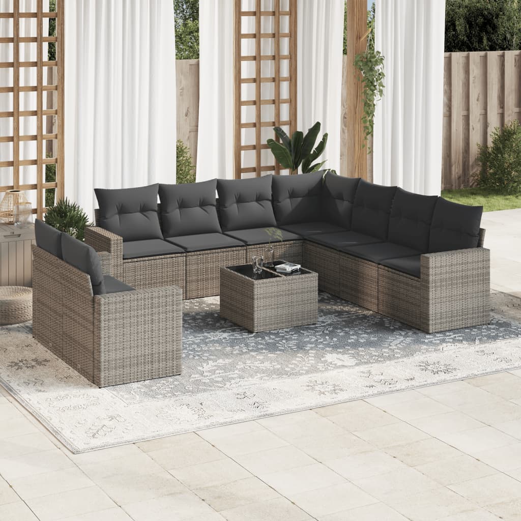 10-tlg. Garten-Sofagarnitur mit Kissen Grau Poly Rattan 10-tlg. Garten-Sofagarnitur mit Kissen Grau Poly Rattan