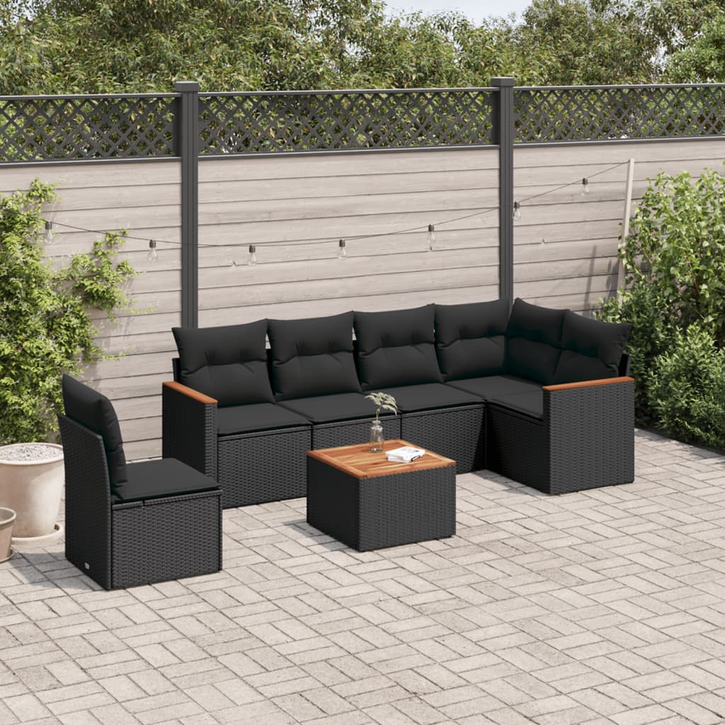 7-tlg. Garten-Sofagarnitur mit Kissen Schwarz Poly Rattan