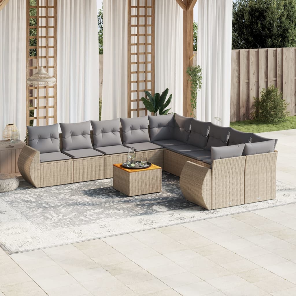 11-tlg. Garten-Sofagarnitur mit Kissen Beige Poly Rattan 11-tlg. Garten-Sofagarnitur mit Kissen Beige Poly Rattan