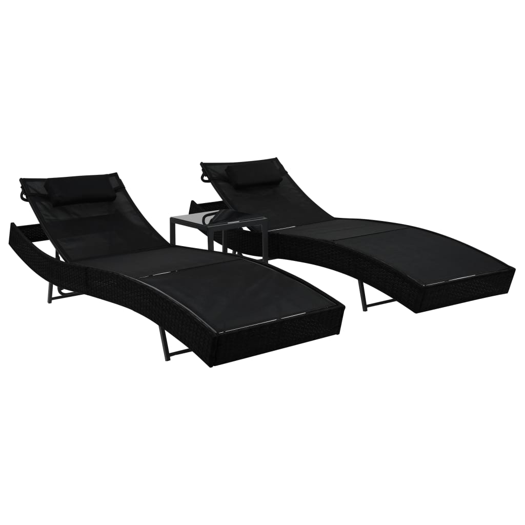 Sonnenliegen 2 Stk. mit Tisch Poly Rattan und Textilene Schwarz Sonnenliegen 2 Stk. mit Tisch Poly Rattan und Textilene Schwarz