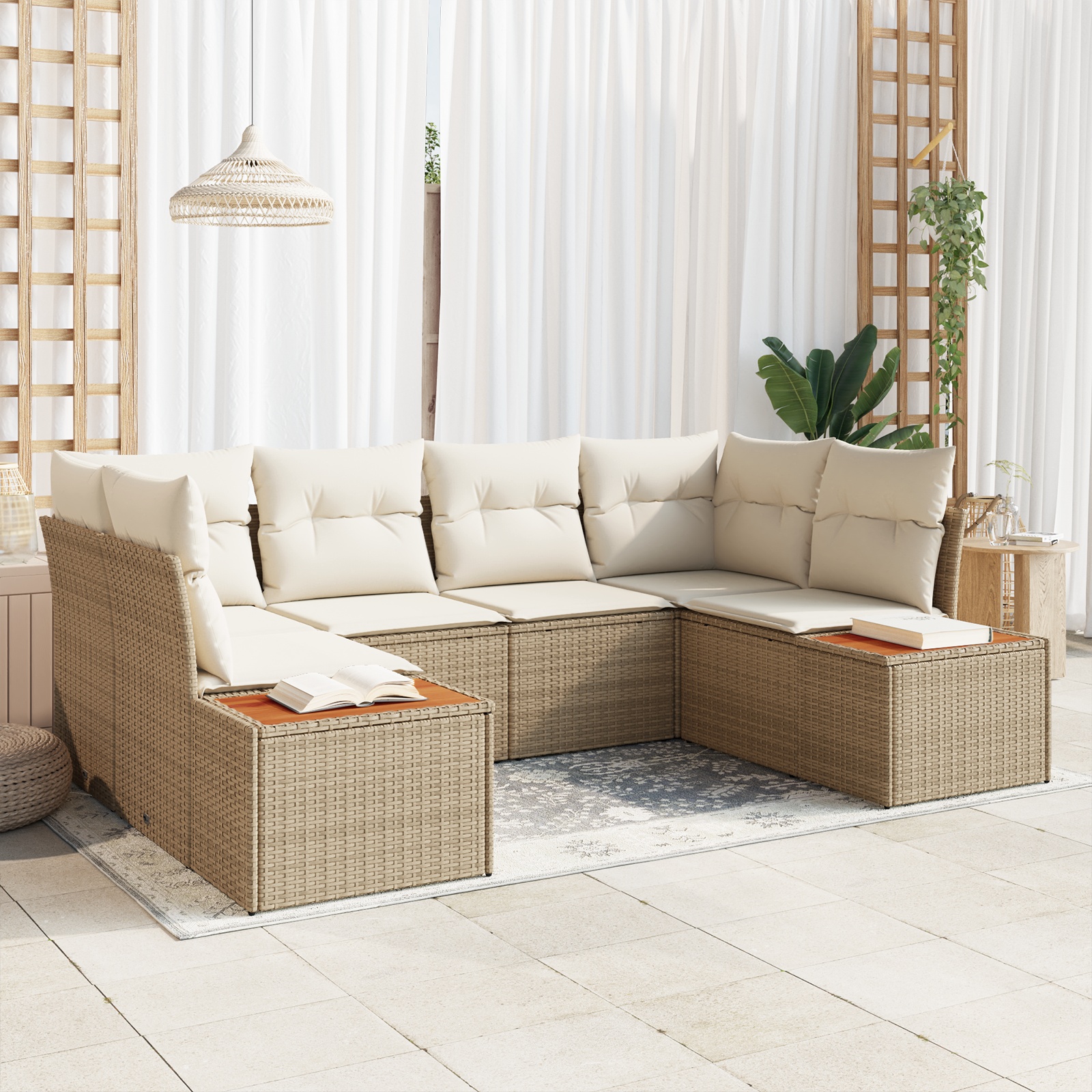6-teiliges Garten Sofa Set mit Kissen aus beige poly Rattan 6-teiliges Garten Sofa Set mit Kissen aus beige poly Rattan