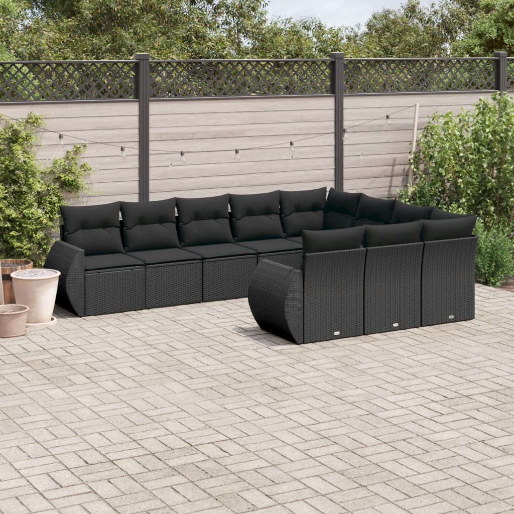 10-tlg. Garten-Sofagarnitur mit Kissen Schwarz Poly Rattan 10-tlg. Garten-Sofagarnitur mit Kissen Schwarz Poly Rattan