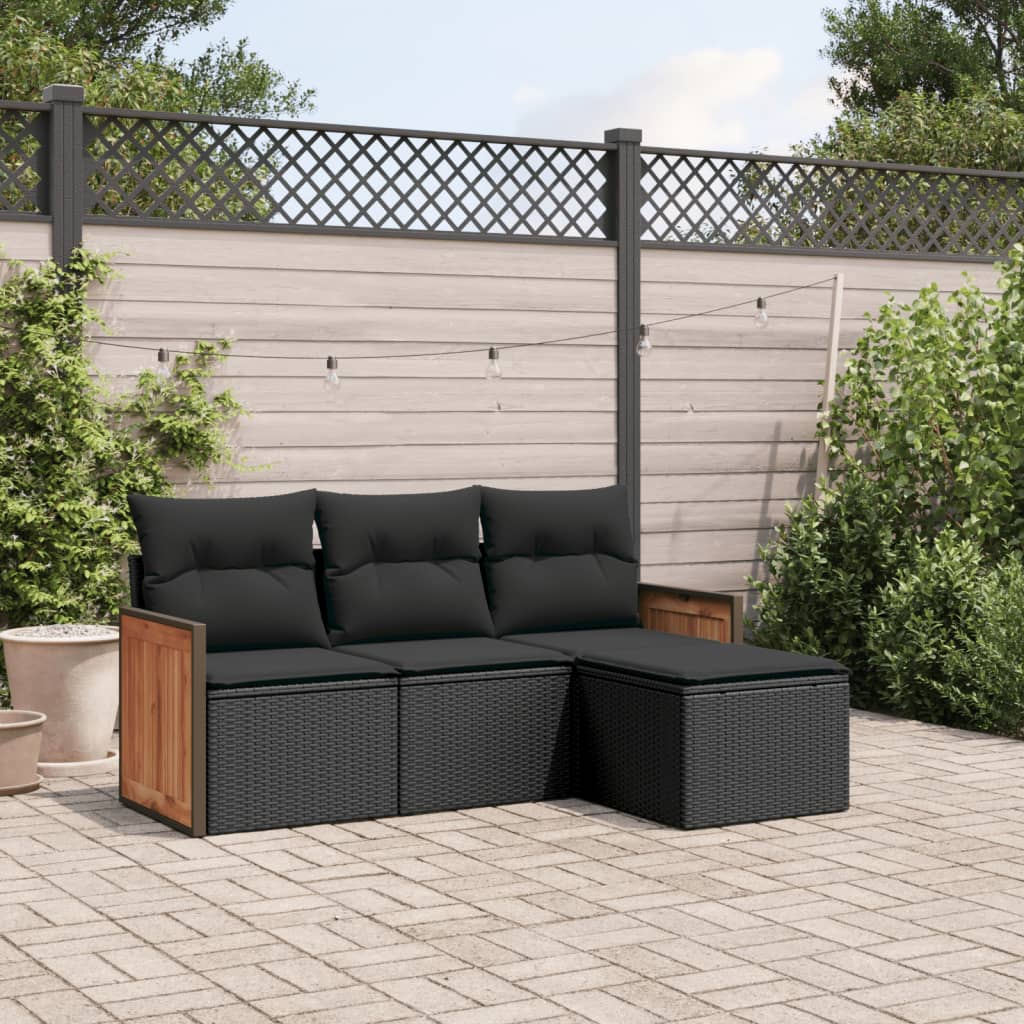 4-tlg. Garten-Sofagarnitur mit Kissen Schwarz Poly Rattan 4-tlg. Garten-Sofagarnitur mit Kissen Schwarz Poly Rattan