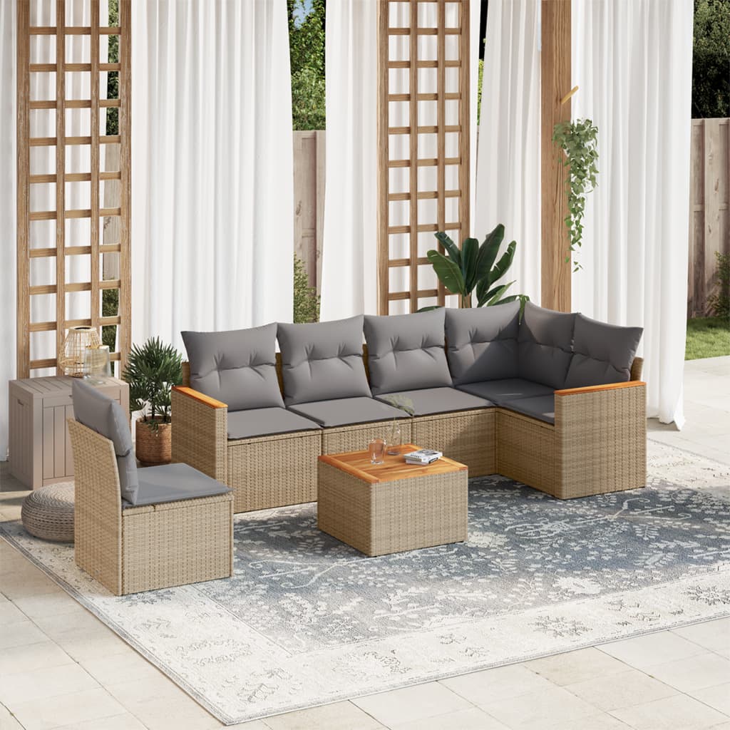 7-tlg. Garten-Sofagarnitur mit Kissen Beige Poly Rattan