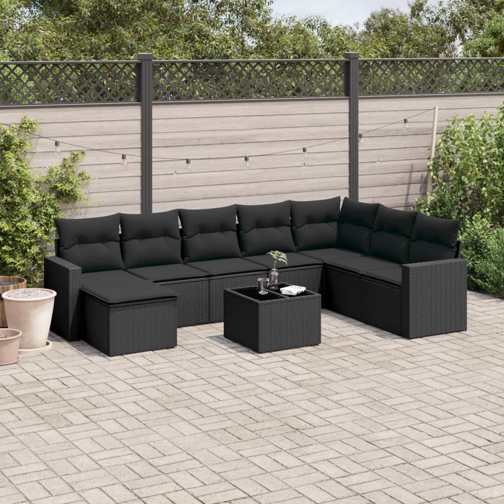 9-tlg. Garten-Sofagarnitur mit Kissen Schwarz Poly Rattan 9-tlg. Garten-Sofagarnitur mit Kissen Schwarz Poly Rattan