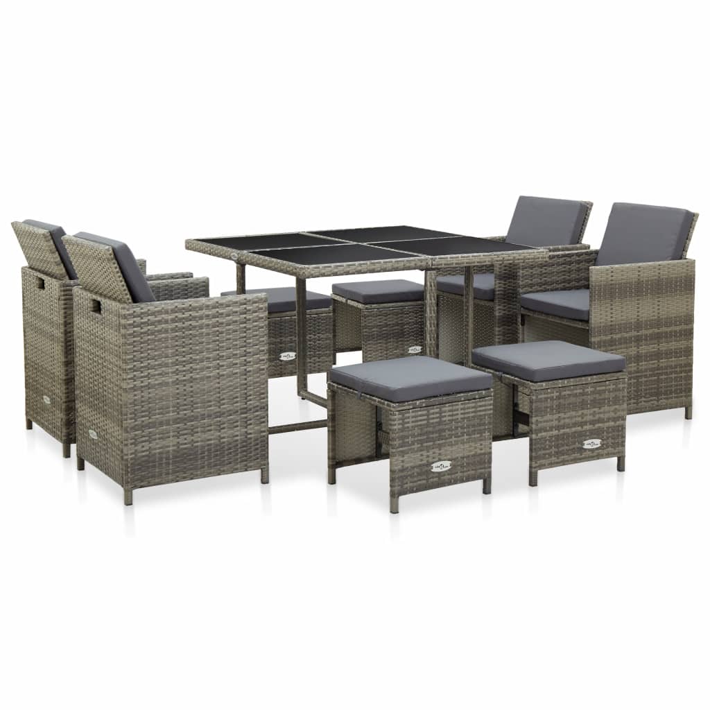 9-tlg. Garten-Essgruppe mit Auflagen Poly Rattan Grau 9-tlg. Garten-Essgruppe mit Auflagen Poly Rattan Grau