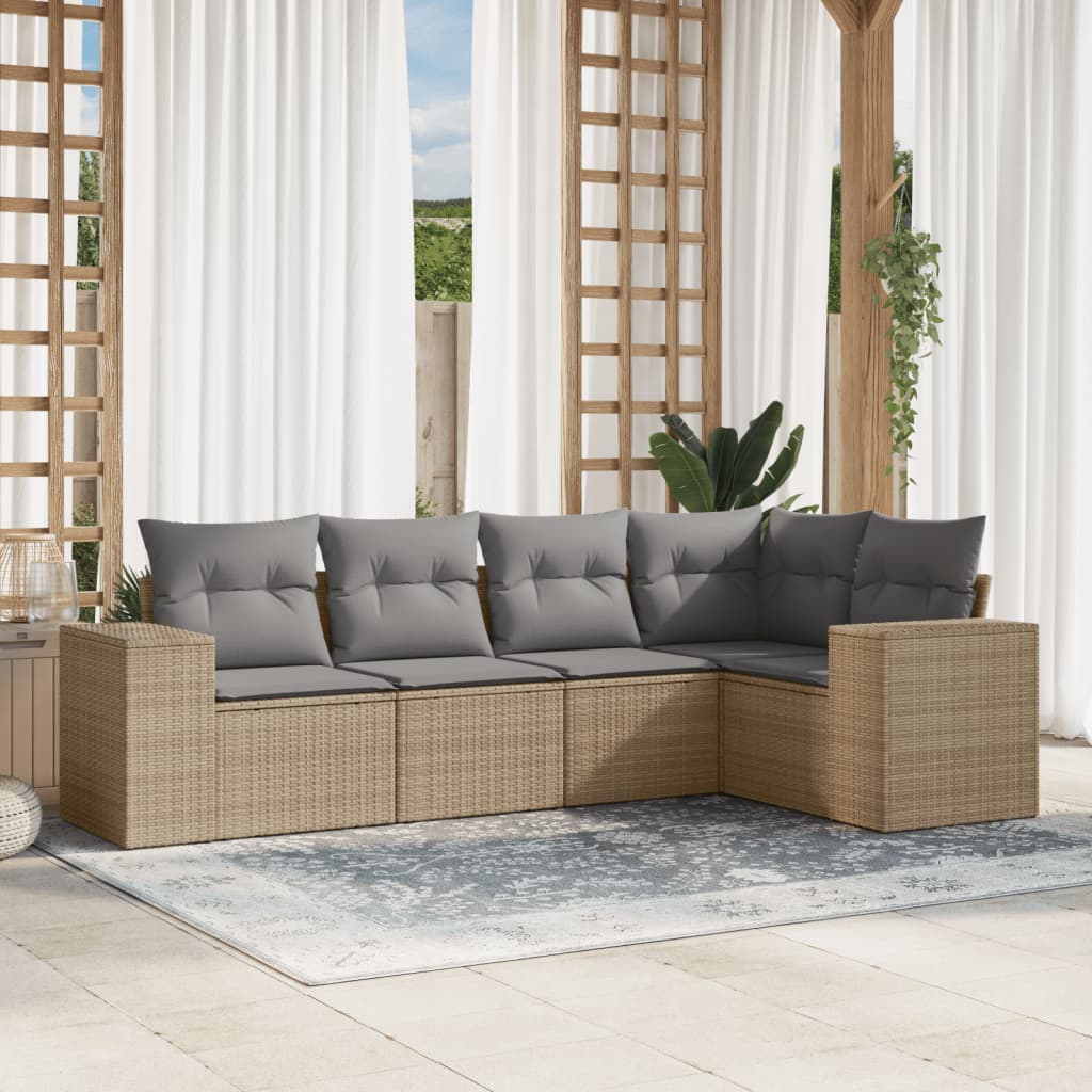 5-tlg. Garten-Sofagarnitur mit Kissen Beige Poly Rattan 5-tlg. Garten-Sofagarnitur mit Kissen Beige Poly Rattan