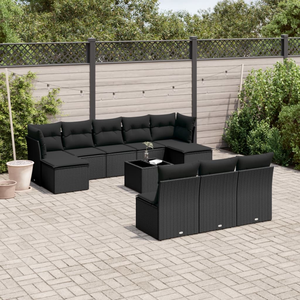 11-tlg. Garten-Sofagarnitur mit Kissen Schwarz Poly Rattan 11-tlg. Garten-Sofagarnitur mit Kissen Schwarz Poly Rattan
