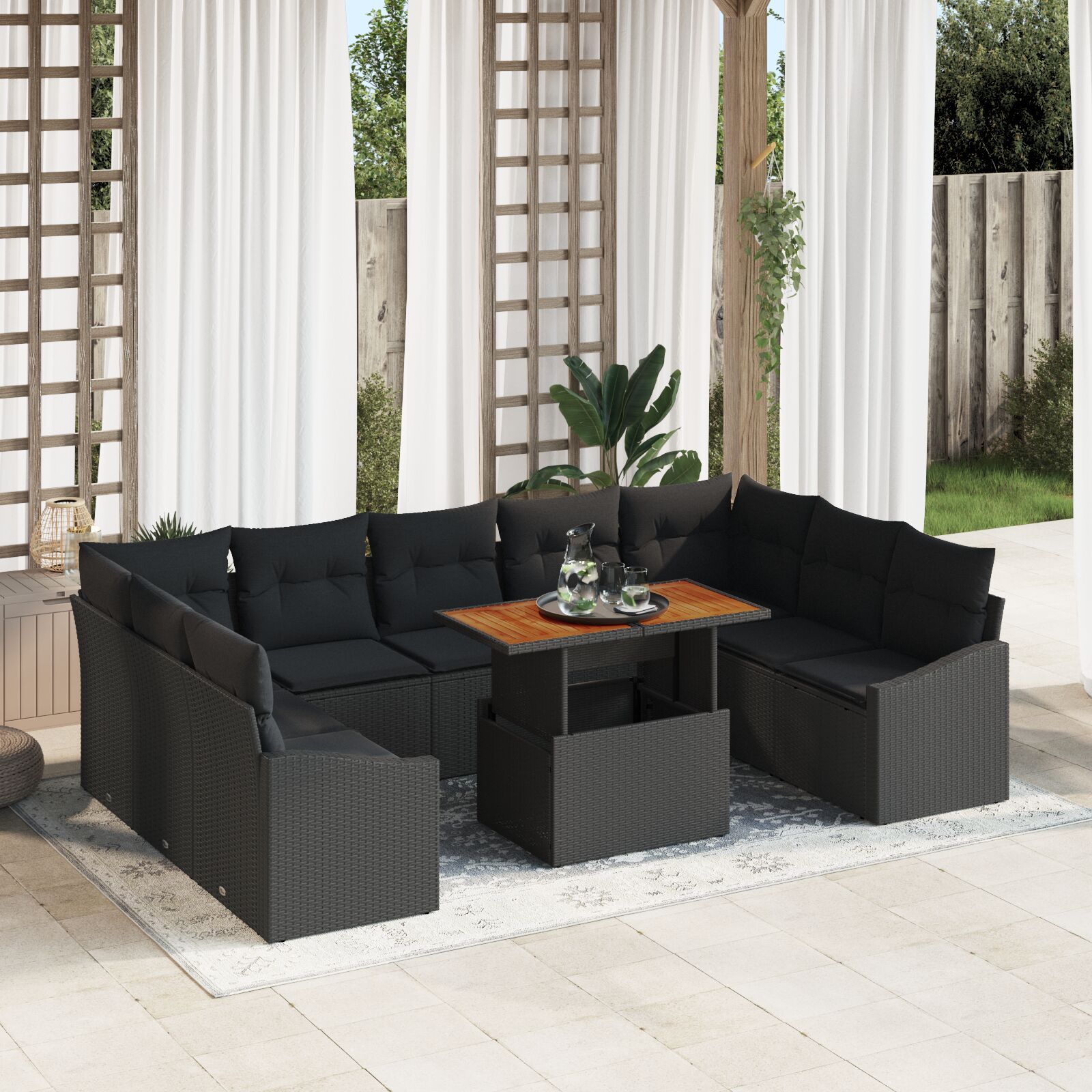 vidaXL Garten-Sofa-Set 10 Teile Schwarz und Braun Rattan und Holz