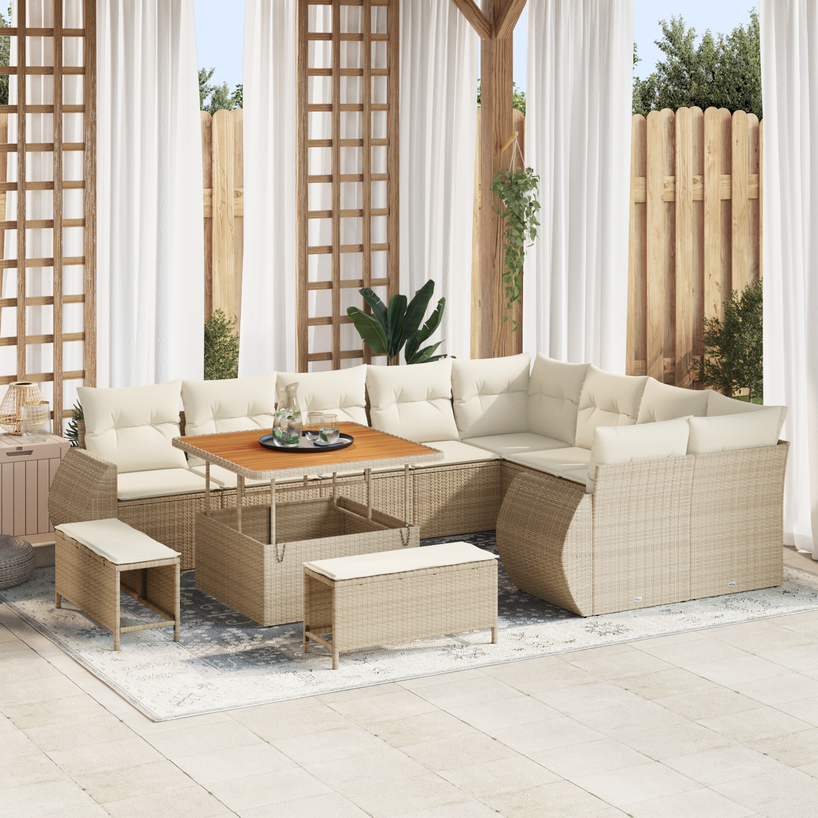 12-teiliges Garten Sofa Set mit Kissen Beige Poly Rattan Akazie 12-teiliges Garten Sofa Set mit Kissen Beige Poly Rattan Akazie