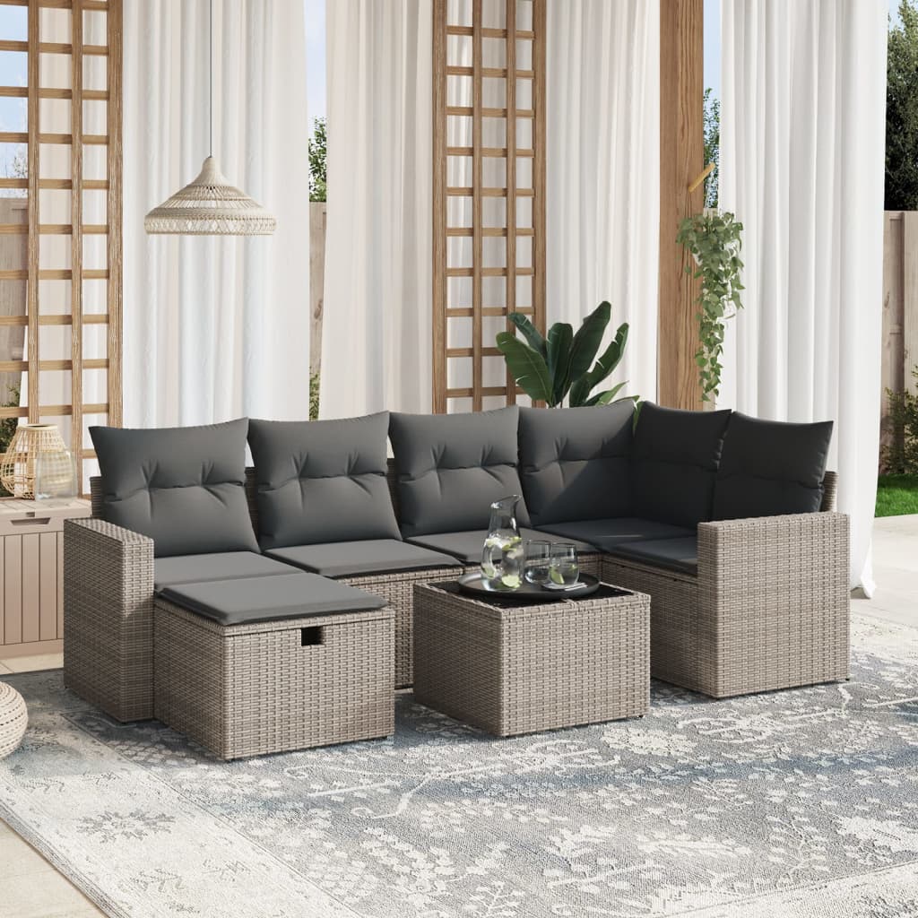 7-tlg. Garten-Sofagarnitur mit Kissen Grau Poly Rattan 7-tlg. Garten-Sofagarnitur mit Kissen Grau Poly Rattan