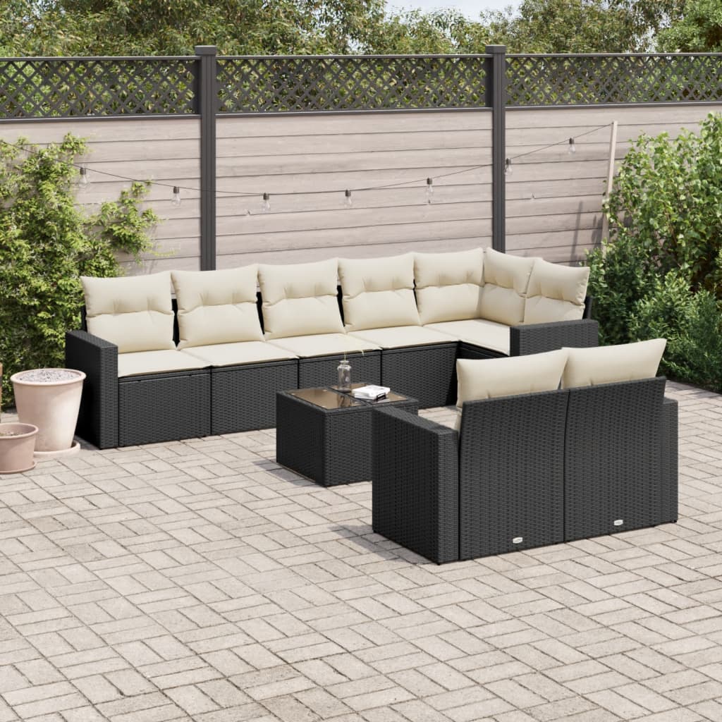 9-tlg. Garten-Sofagarnitur mit Kissen Schwarz Poly Rattan 9-tlg. Garten-Sofagarnitur mit Kissen Schwarz Poly Rattan