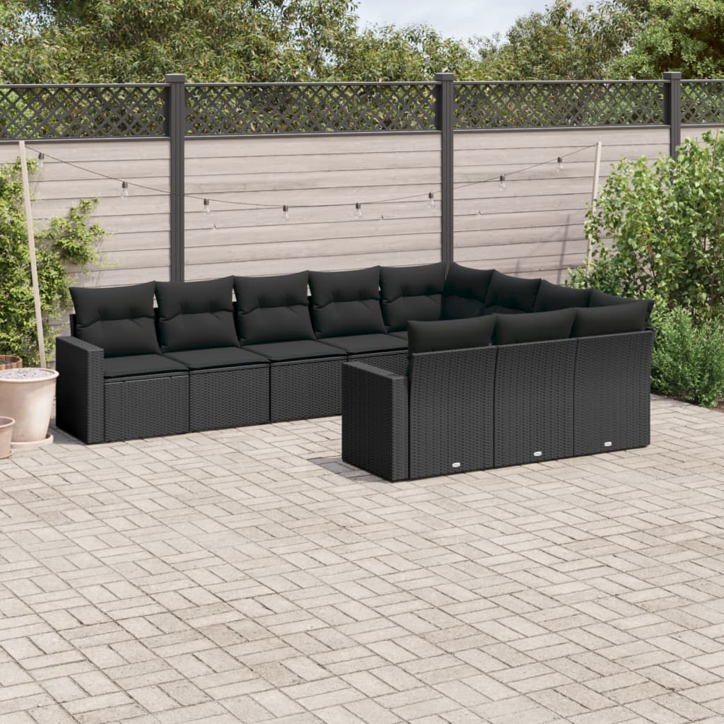 10-tlg. Garten-Sofagarnitur mit Kissen Schwarz Poly Rattan 10-tlg. Garten-Sofagarnitur mit Kissen Schwarz Poly Rattan