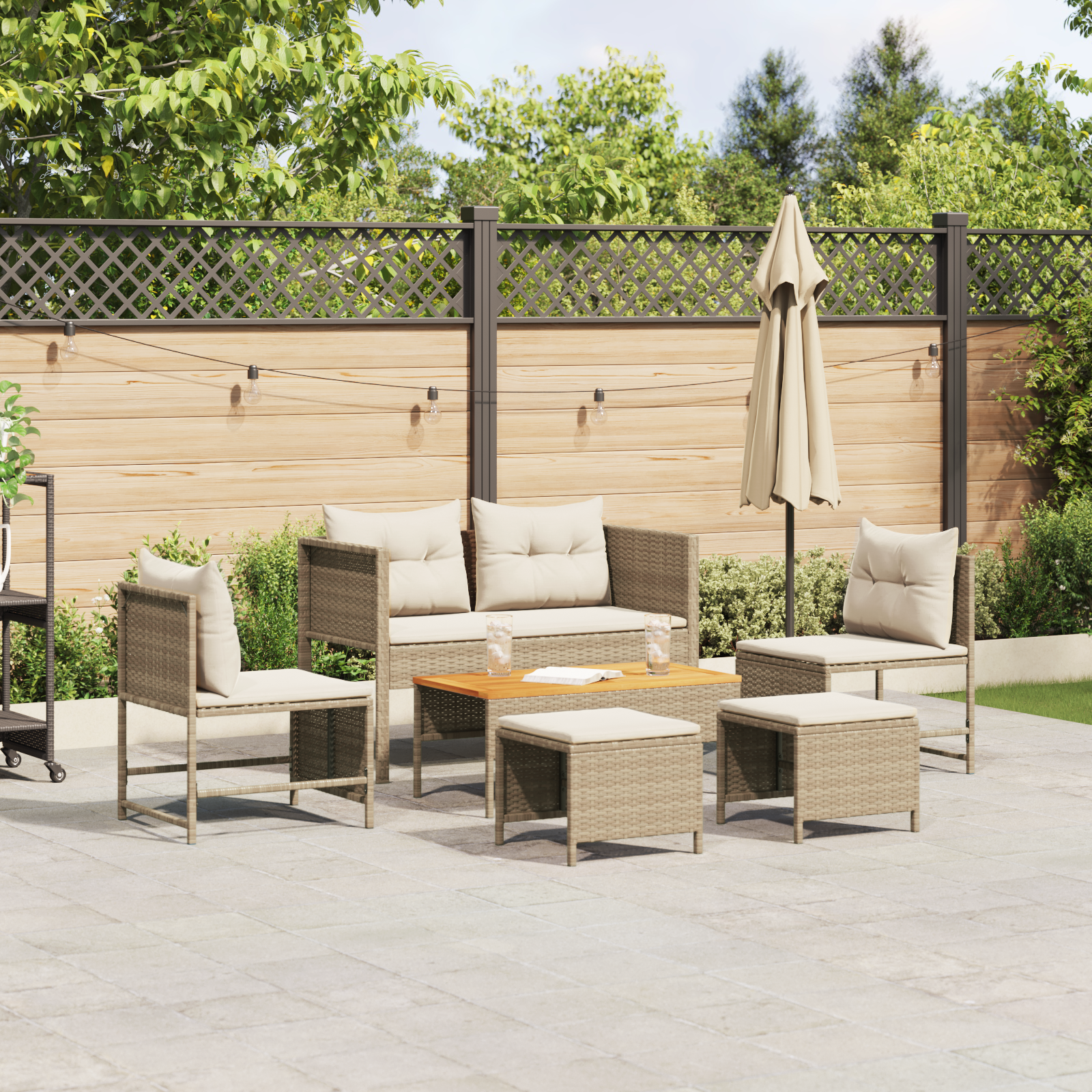 Outdoor Sofa Set Beige und Creme Rattan und Stoff Mittel Outdoor Sofa Set Beige und Creme Rattan und Stoff Mittel