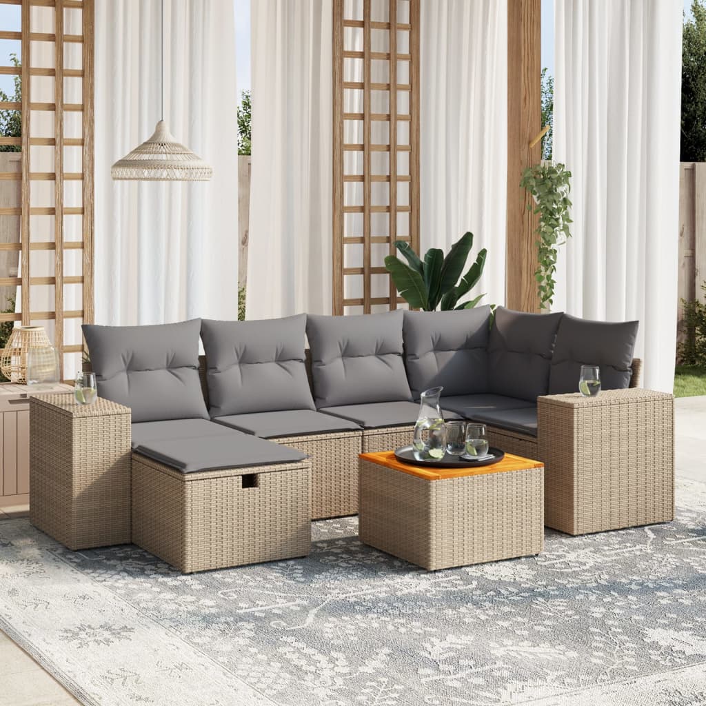 7-tlg. Garten-Sofagarnitur mit Kissen Beige Poly Rattan 7-tlg. Garten-Sofagarnitur mit Kissen Beige Poly Rattan