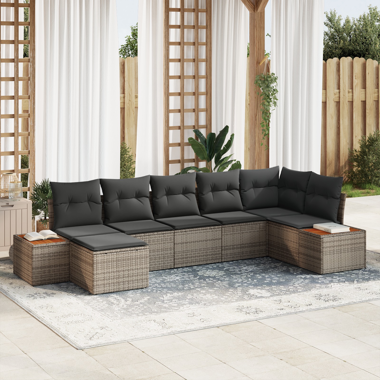 7-Teiliges Garten-Sofa-Set mit Kissen Grau Poly Rattan Akazie 7-Teiliges Garten-Sofa-Set mit Kissen Grau Poly Rattan Akazie