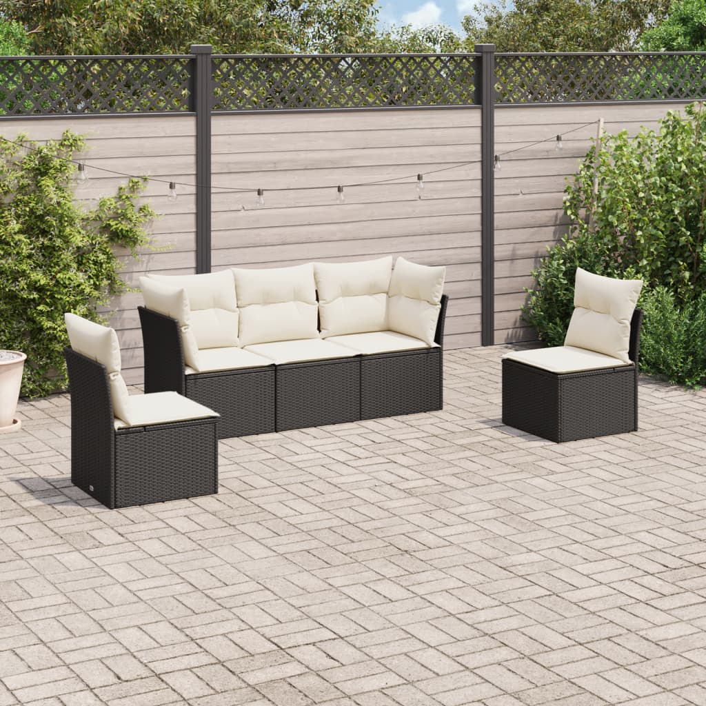 5-tlg. Garten-Sofagarnitur mit Kissen Schwarz Poly Rattan 5-tlg. Garten-Sofagarnitur mit Kissen Schwarz Poly Rattan