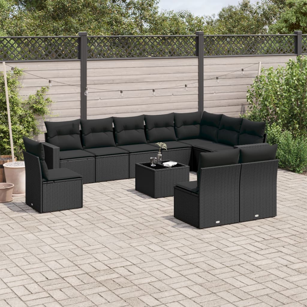 11-tlg. Garten-Sofagarnitur mit Kissen Schwarz Poly Rattan 11-tlg. Garten-Sofagarnitur mit Kissen Schwarz Poly Rattan