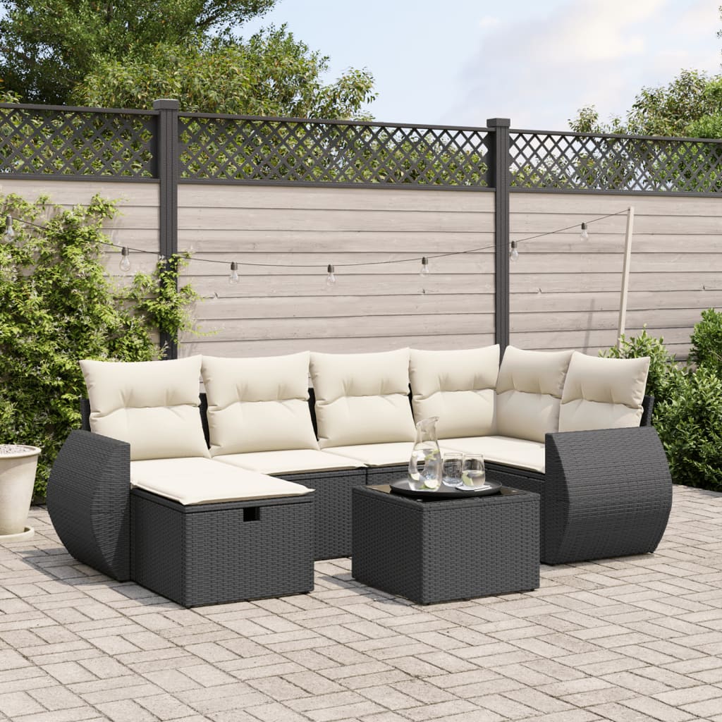 7-tlg. Garten-Sofagarnitur mit Kissen Schwarz Poly Rattan 7-tlg. Garten-Sofagarnitur mit Kissen Schwarz Poly Rattan