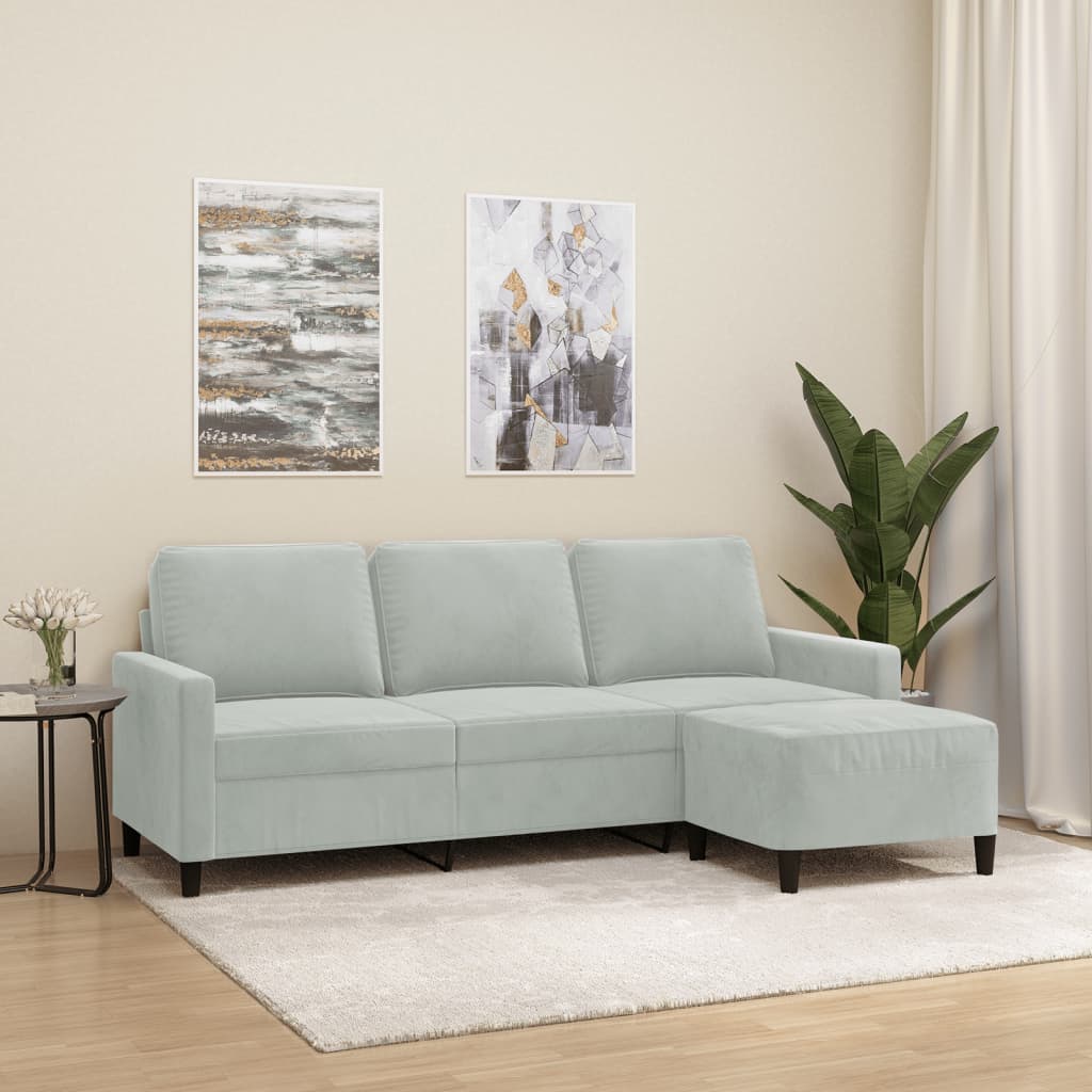 3-Sitzer-Sofa mit Hocker Hellgrau 180 cm Samt 3-Sitzer-Sofa mit Hocker Hellgrau 180 cm Samt