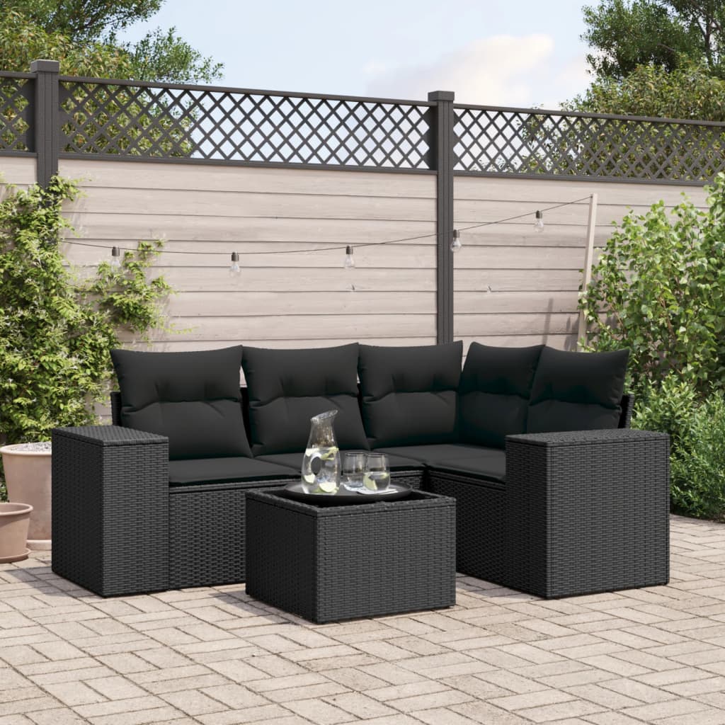 5-tlg. Garten-Sofagarnitur mit Kissen Schwarz Poly Rattan 5-tlg. Garten-Sofagarnitur mit Kissen Schwarz Poly Rattan