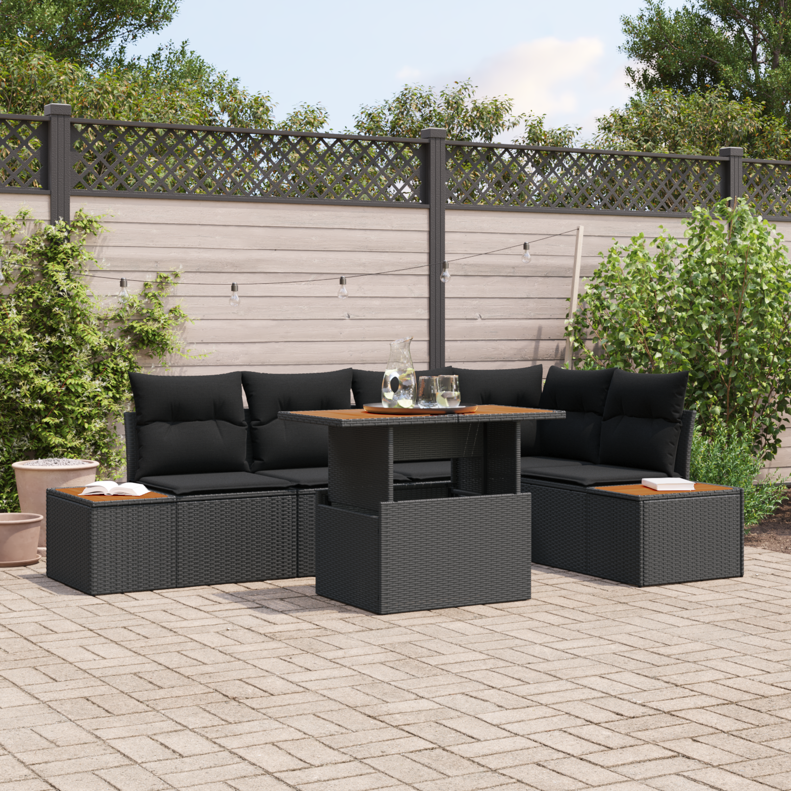 6-teiliges Garten Sofa Set mit Kissen Schwarz Poly-Rattan 6-teiliges Garten Sofa Set mit Kissen Schwarz Poly-Rattan