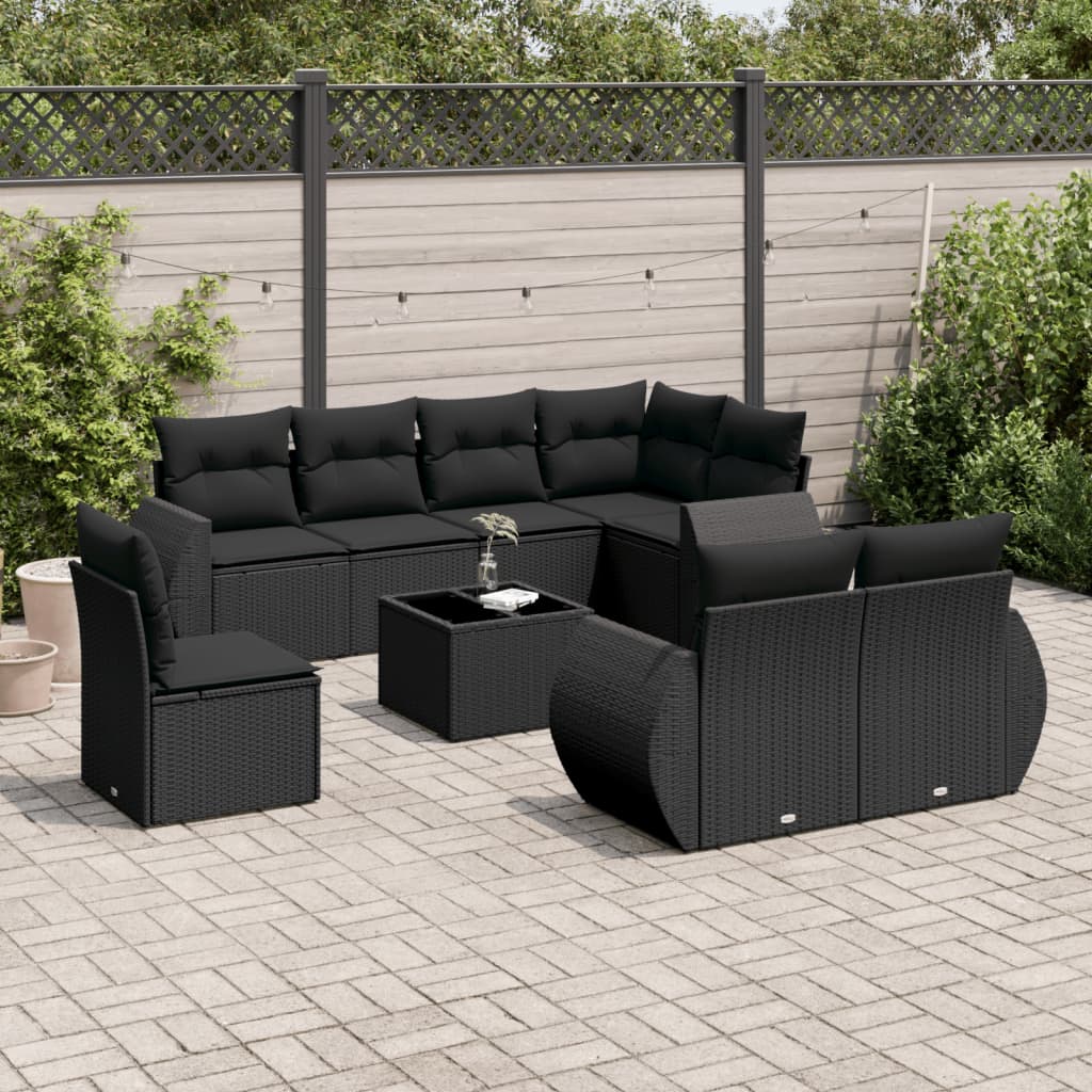 9-tlg. Garten-Sofagarnitur mit Kissen Schwarz Poly Rattan 9-tlg. Garten-Sofagarnitur mit Kissen Schwarz Poly Rattan