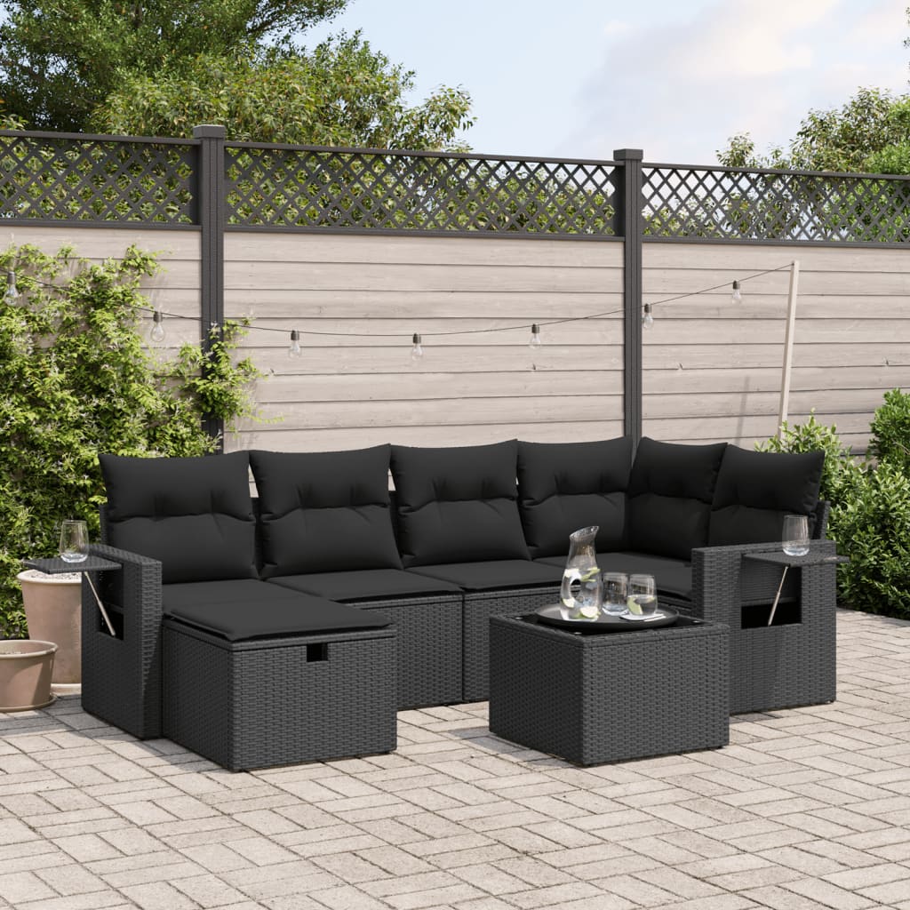 7-tlg. Garten-Sofagarnitur mit Kissen Schwarz Poly Rattan 7-tlg. Garten-Sofagarnitur mit Kissen Schwarz Poly Rattan