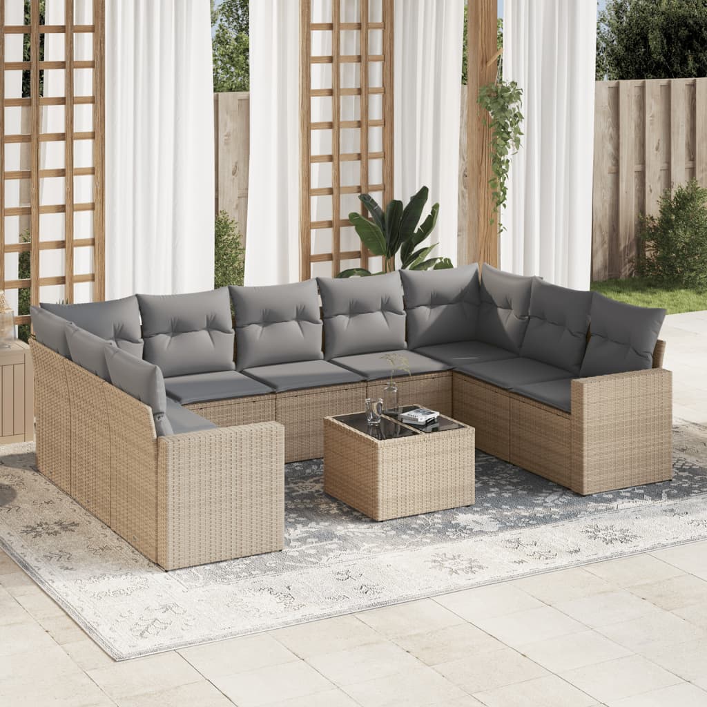 10-tlg. Garten-Sofagarnitur mit Kissen Beige Poly Rattan 10-tlg. Garten-Sofagarnitur mit Kissen Beige Poly Rattan