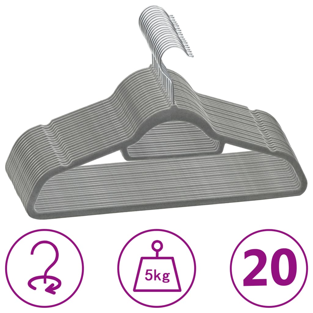 20 Stk. Kleiderbügel-Set Anti-Rutsch Grau Samt 20 Stk. Kleiderbügel-Set Anti-Rutsch Grau Samt