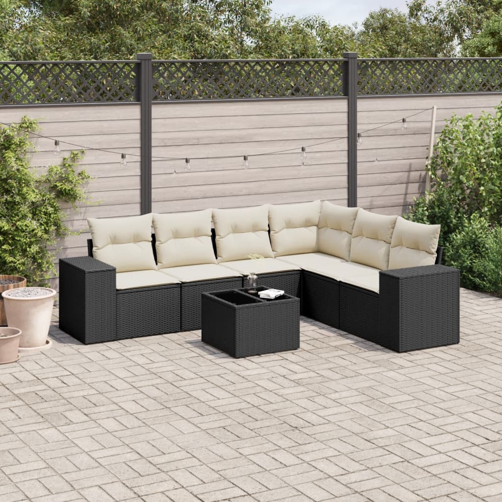 7-tlg. Garten-Sofagarnitur mit Kissen Schwarz Poly Rattan 7-tlg. Garten-Sofagarnitur mit Kissen Schwarz Poly Rattan
