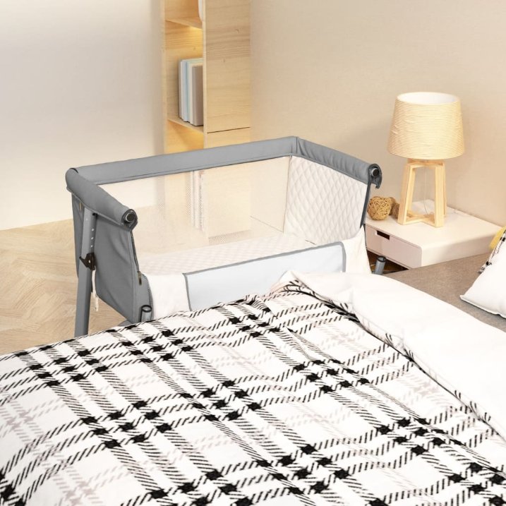 Babybett mit Matratze Hellgrau Leinenstoff Babybett mit Matratze Hellgrau Leinenstoff