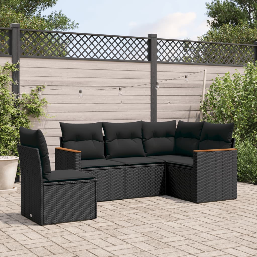 5-tlg. Garten-Sofagarnitur mit Kissen Schwarz Poly Rattan 5-tlg. Garten-Sofagarnitur mit Kissen Schwarz Poly Rattan