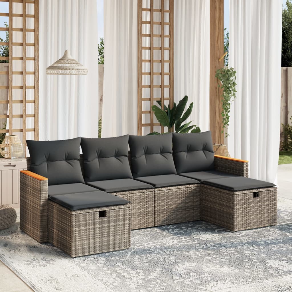6-tlg. Garten-Sofagarnitur mit Kissen Grau Poly Rattan 6-tlg. Garten-Sofagarnitur mit Kissen Grau Poly Rattan