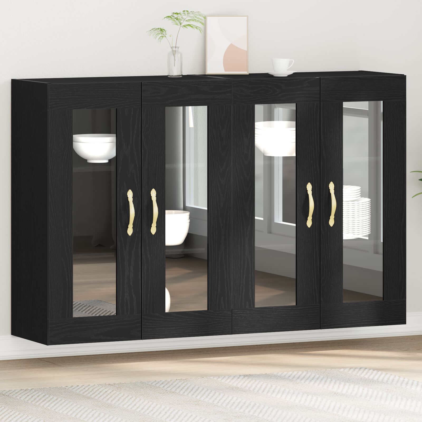 vidaXL Wandmontiertes Schrankset 2er Set Schwarz Eiche Holz, Glas