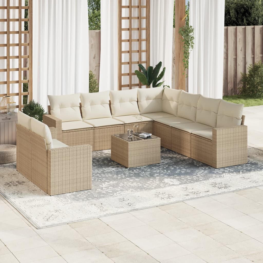 10-tlg. Garten-Sofagarnitur mit Kissen Beige Poly Rattan 10-tlg. Garten-Sofagarnitur mit Kissen Beige Poly Rattan