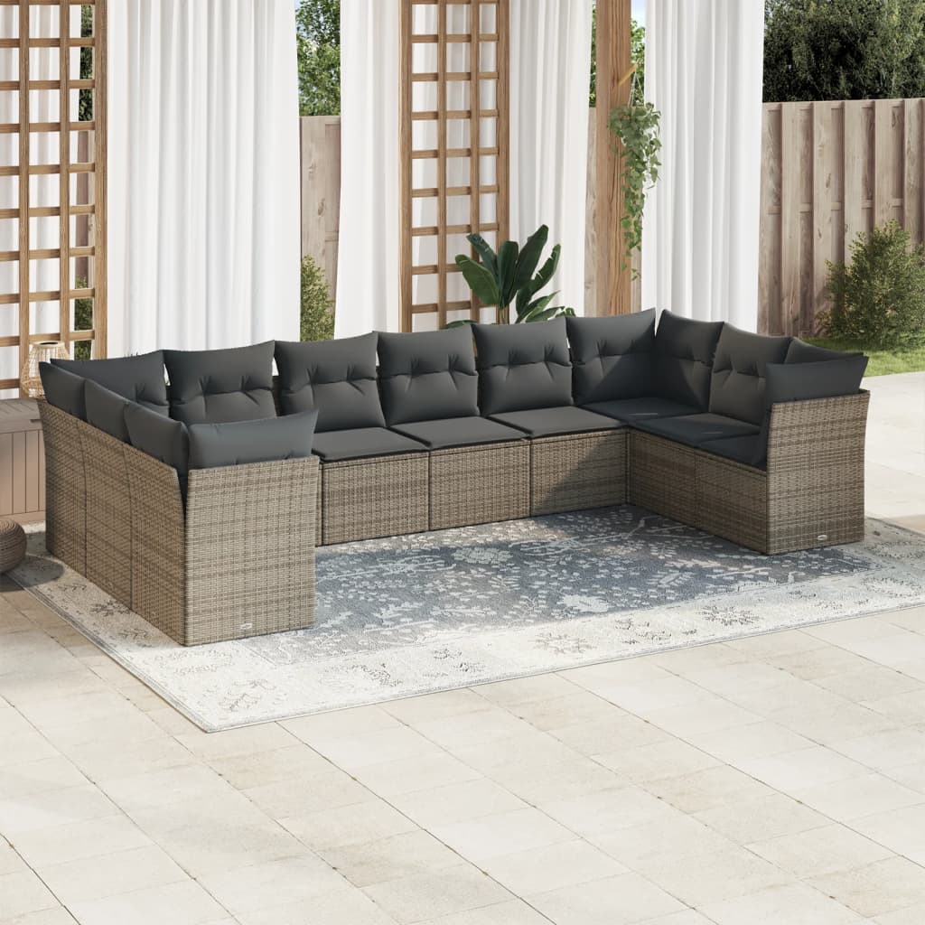10-tlg. Garten-Sofagarnitur mit Kissen Grau Poly Rattan 10-tlg. Garten-Sofagarnitur mit Kissen Grau Poly Rattan