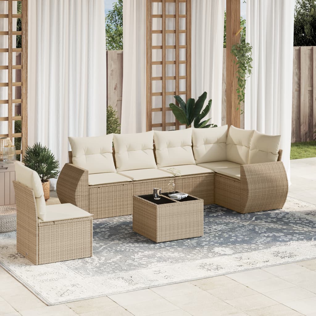 7-tlg. Garten-Sofagarnitur mit Kissen Beige Poly Rattan 7-tlg. Garten-Sofagarnitur mit Kissen Beige Poly Rattan