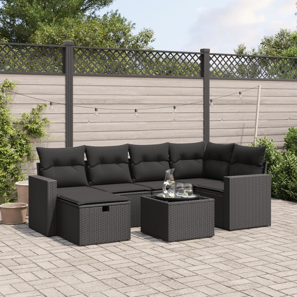 7-tlg. Garten-Sofagarnitur mit Kissen Schwarz Poly Rattan 7-tlg. Garten-Sofagarnitur mit Kissen Schwarz Poly Rattan