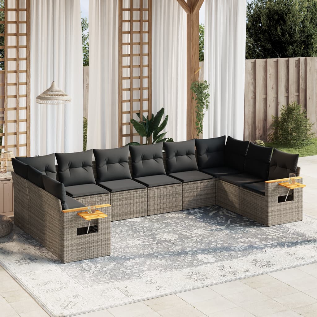 10-tlg. Garten-Sofagarnitur mit Kissen Grau Poly Rattan 10-tlg. Garten-Sofagarnitur mit Kissen Grau Poly Rattan