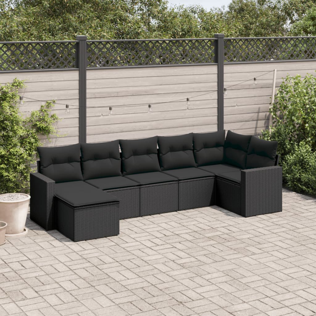 7-tlg. Garten-Sofagarnitur mit Kissen Schwarz Poly Rattan 7-tlg. Garten-Sofagarnitur mit Kissen Schwarz Poly Rattan