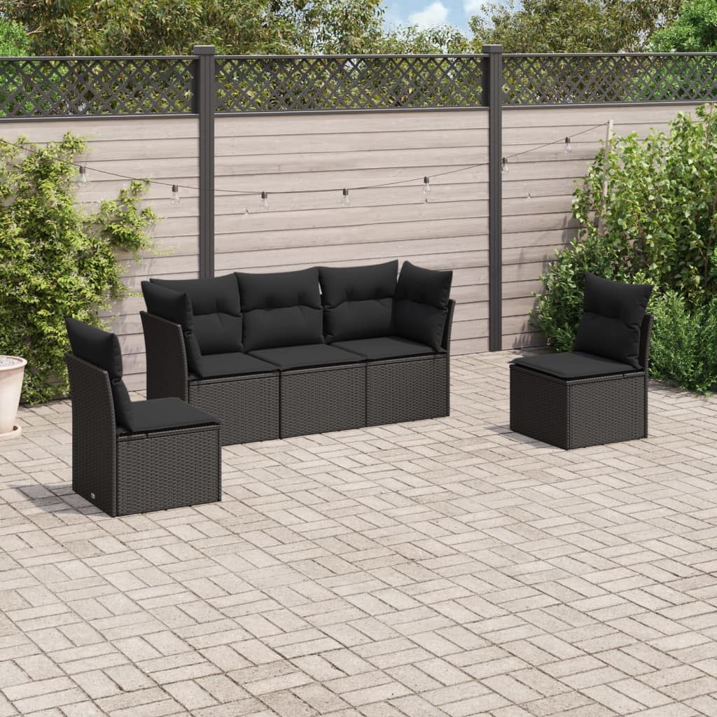 5-tlg. Garten-Sofagarnitur mit Kissen Schwarz Poly Rattan 5-tlg. Garten-Sofagarnitur mit Kissen Schwarz Poly Rattan