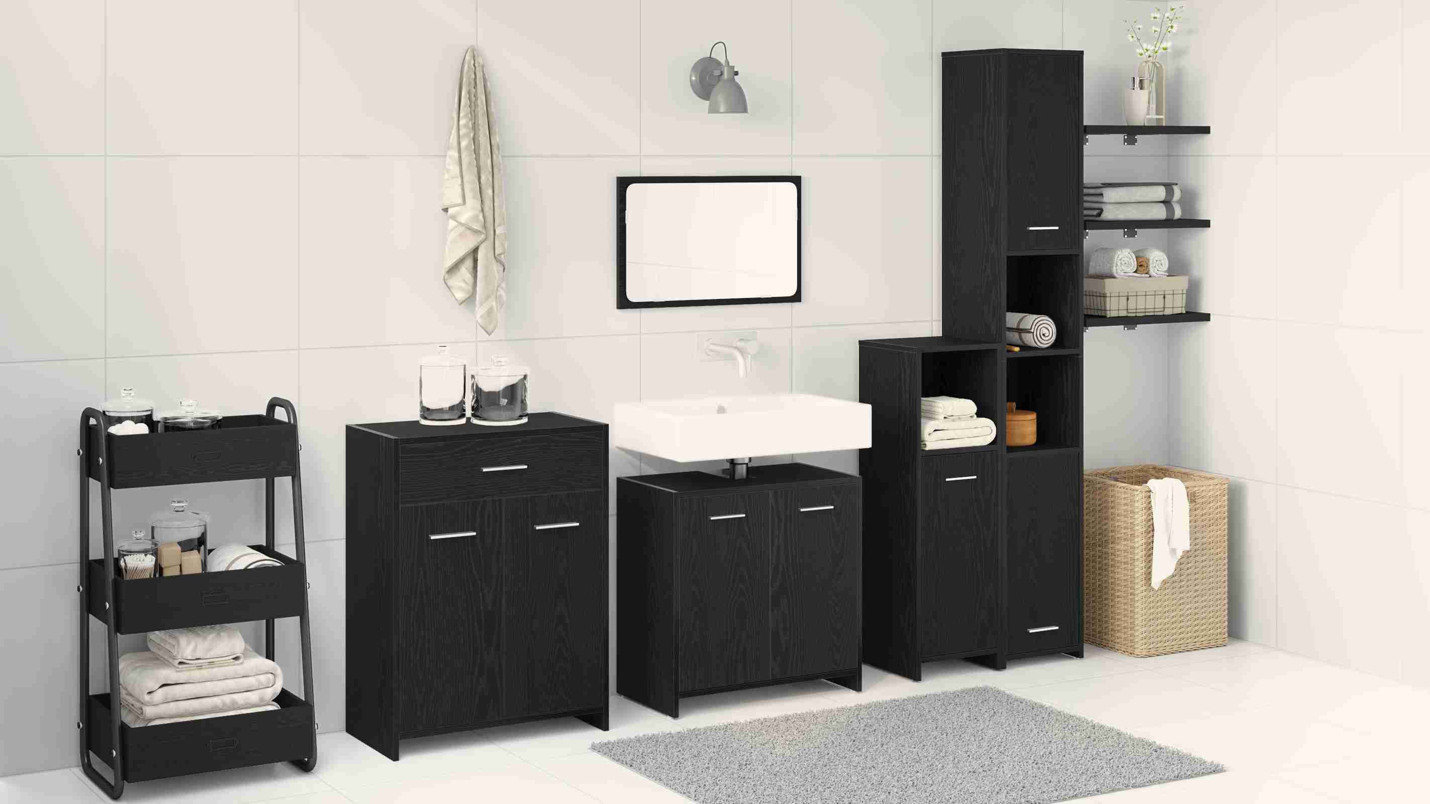 4-teiliges Badezimmermöbel Set, Schwarze Eiche, Spanplatte 4-teiliges Badezimmermöbel Set, Schwarze Eiche, Spanplatte