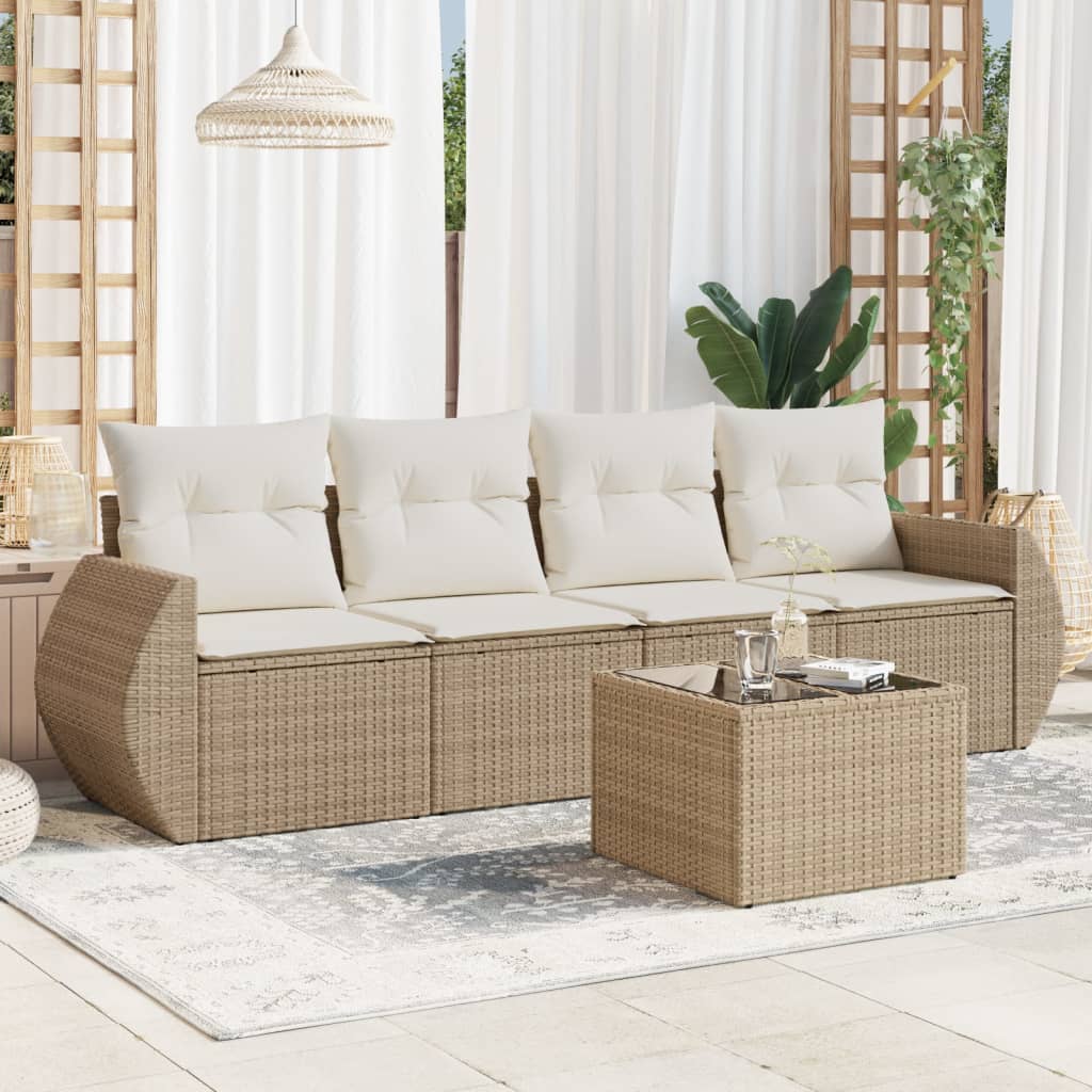 5-tlg. Garten-Sofagarnitur mit Kissen Beige Poly Rattan 5-tlg. Garten-Sofagarnitur mit Kissen Beige Poly Rattan