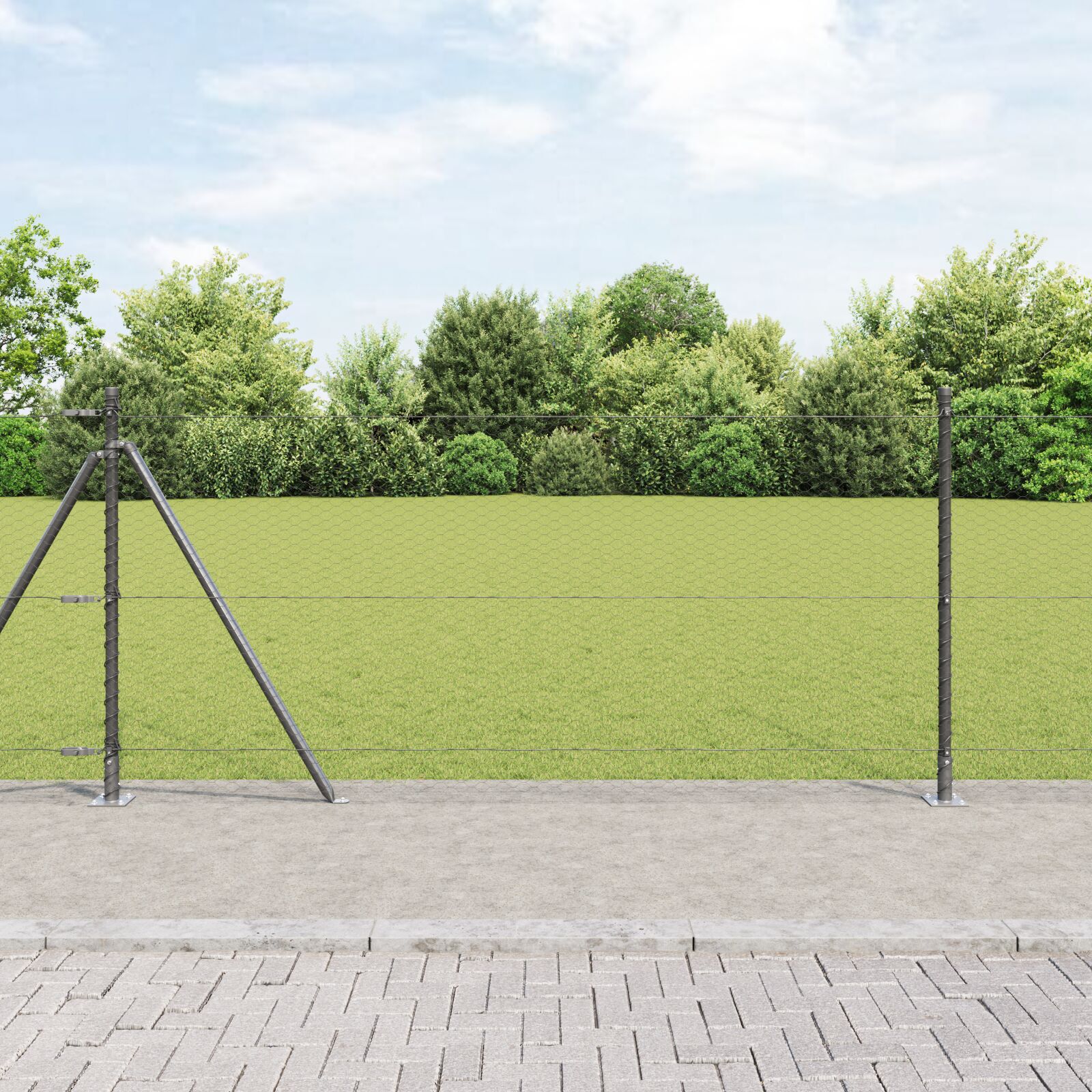 Sechseckzaun Grau 1x50 m Stahl, Zaunpfosten mit Fußplatten 13 Stück Ø32mm 110cm verzinkter Stahl
