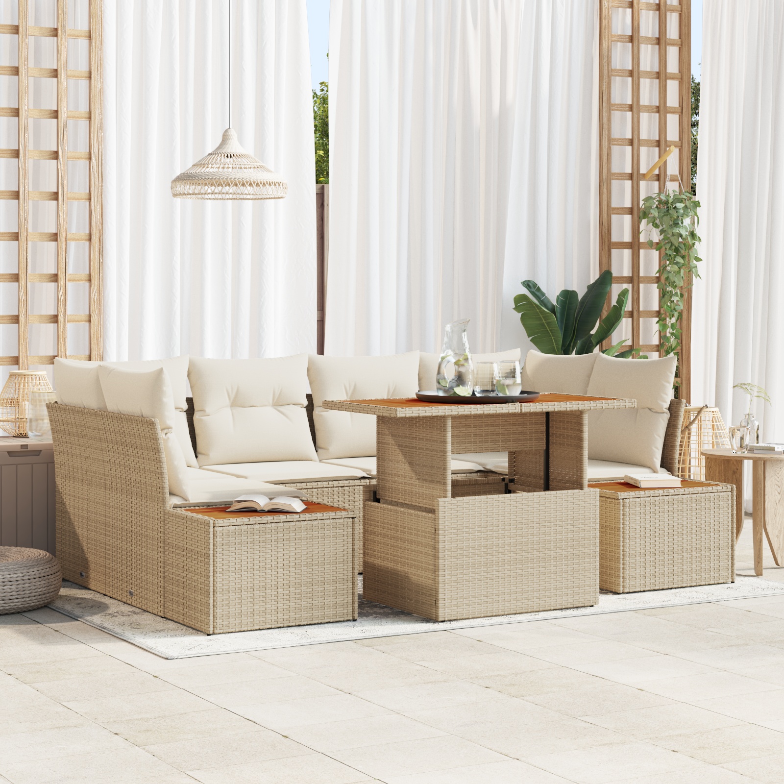 6-teiliges Garten Sofa Set mit Kissen Beige Poly Rattan 6-teiliges Garten Sofa Set mit Kissen Beige Poly Rattan