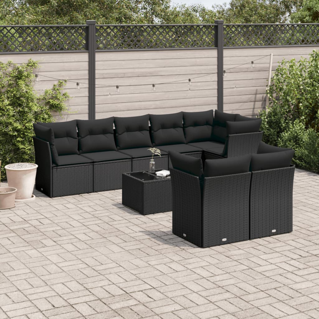 9-tlg. Garten-Sofagarnitur mit Kissen Schwarz Poly Rattan 9-tlg. Garten-Sofagarnitur mit Kissen Schwarz Poly Rattan