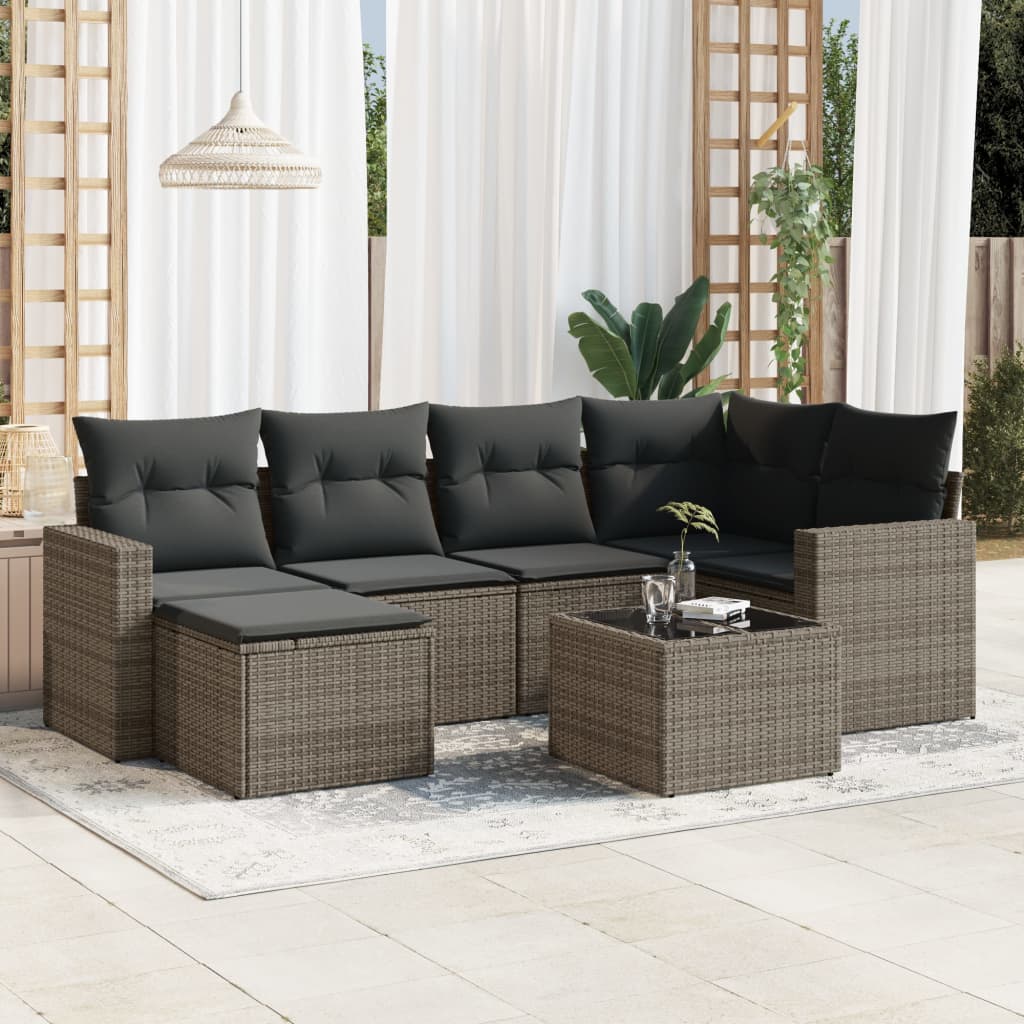 7-tlg. Garten-Sofagarnitur mit Kissen Grau Poly Rattan 7-tlg. Garten-Sofagarnitur mit Kissen Grau Poly Rattan