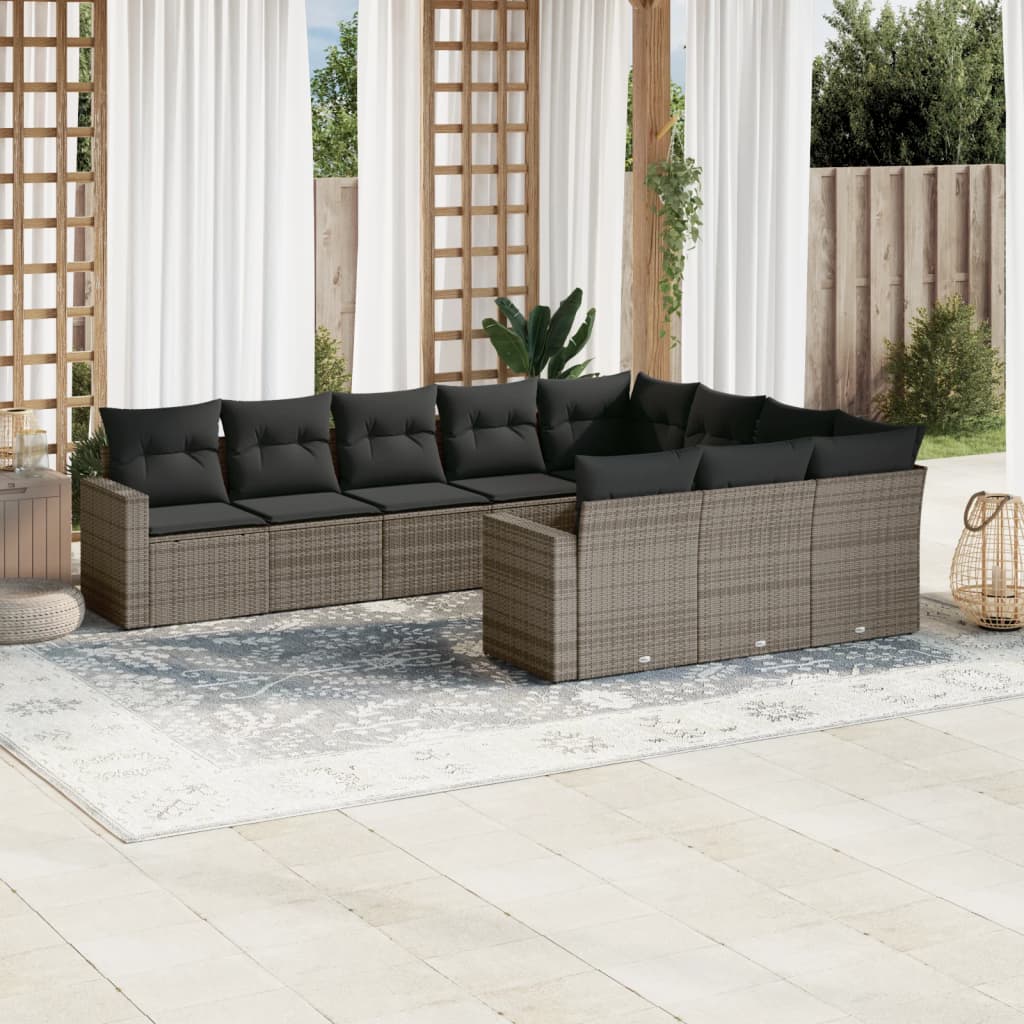 10-tlg. Garten-Sofagarnitur mit Kissen Grau Poly Rattan 10-tlg. Garten-Sofagarnitur mit Kissen Grau Poly Rattan